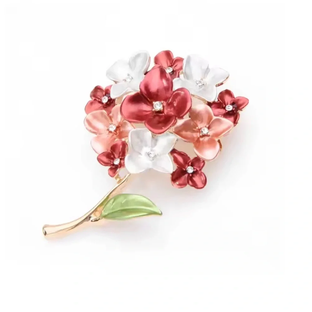 Vintage Floral Bouquet Brooch – Red White Flower Pin with Rhinestones